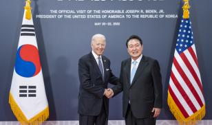 U.S President Joe Biden, shakes hands with South Korean President Yoon Suk-yeol during the start of their summit meeting, May 21, 2022 in Seoul, South Korea. Credit: Adam Schultz/White House Photo